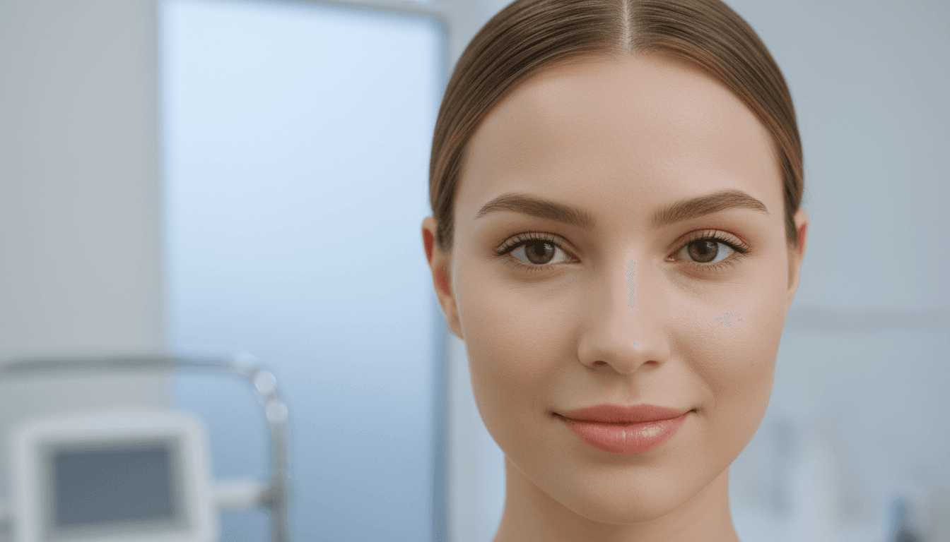 Mulher com expressão natural e pele suave em consultório médico iluminado