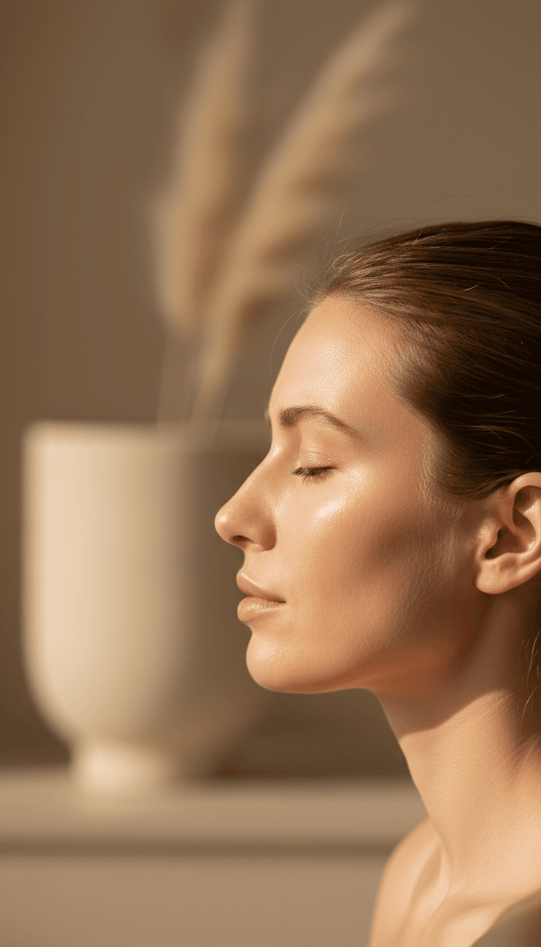 Rosto feminino com pele luminosa e aparência natural em perfil