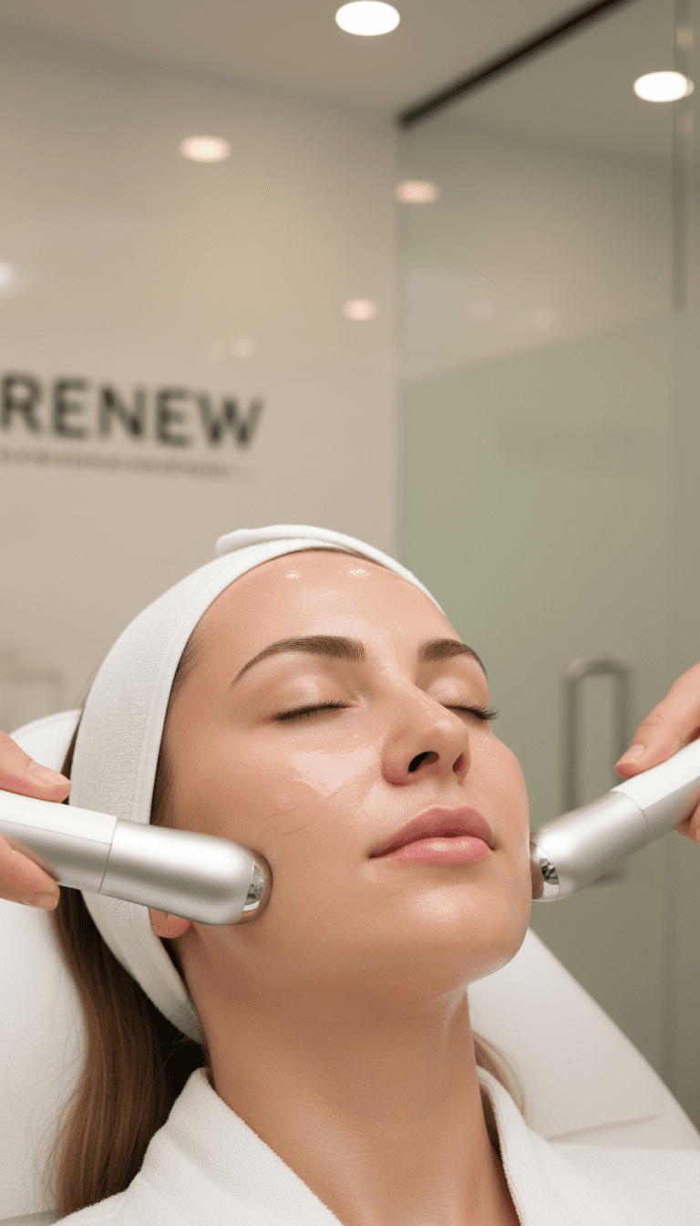 Mulher deitada recebendo tratamento facial em consultório, pele visivelmente hidratada e saudável