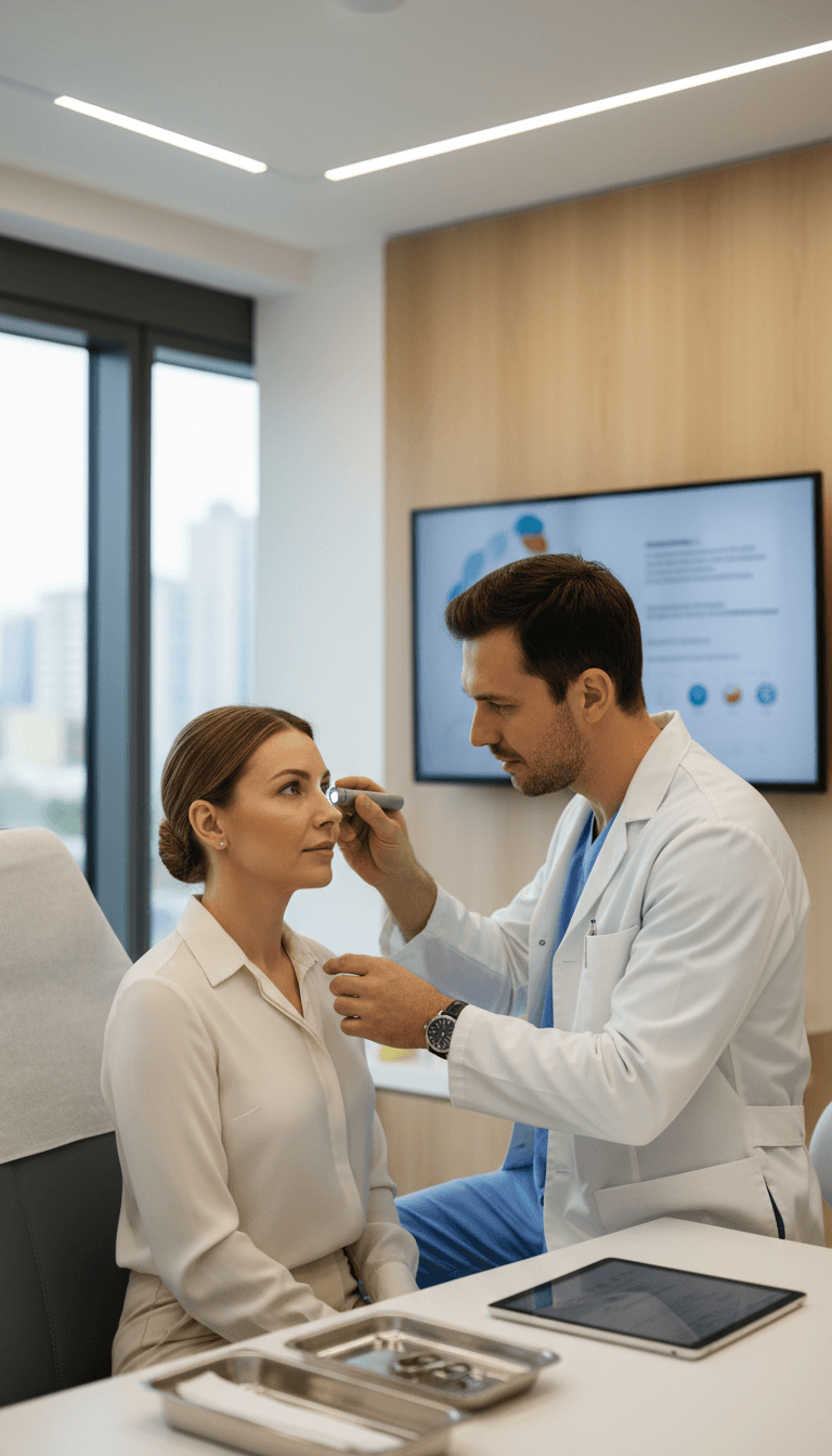 Dra. Lorena Morais realizando avaliação facial em paciente no consultório