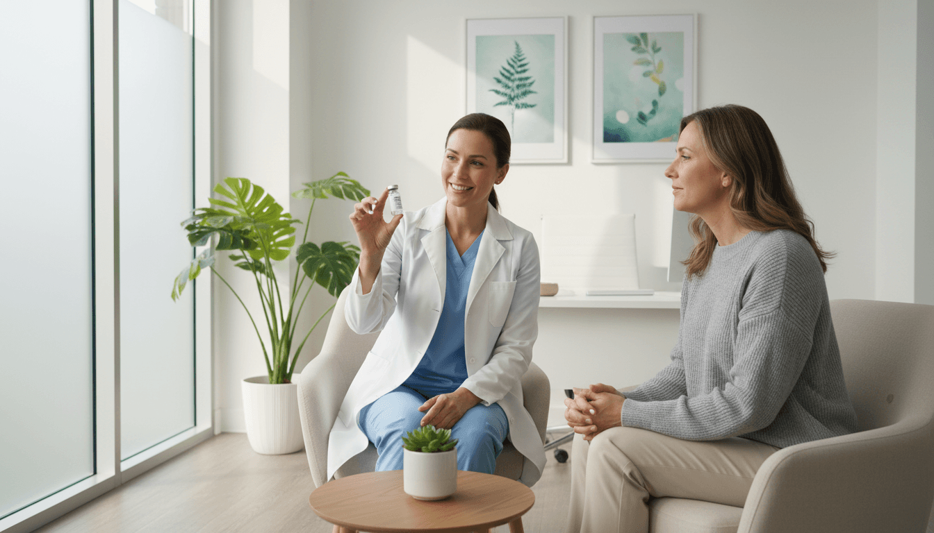 Médica explicando tratamento com Sculptra para paciente em consultório moderno e acolhedor