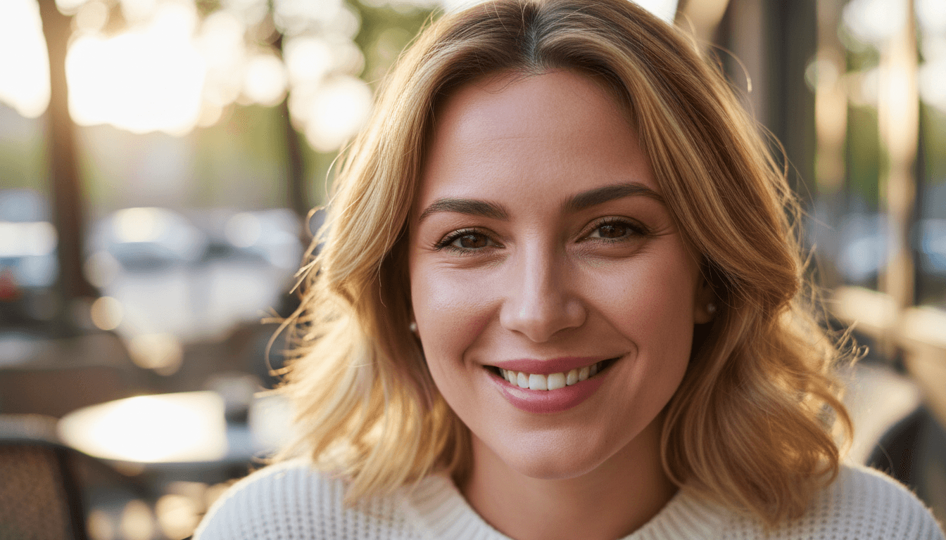 Mulher sorrindo naturalmente com linhas suavizadas ao redor dos olhos