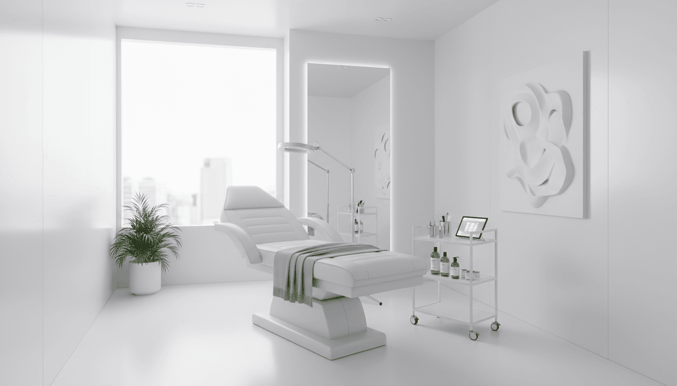 Consultório moderno e clean para tratamento estético com iluminação natural suave