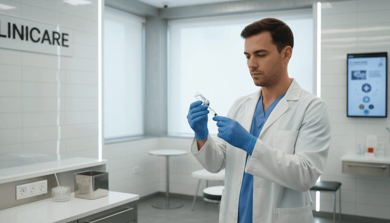 Profissional de saúde preparando aplicação em clínica moderna
