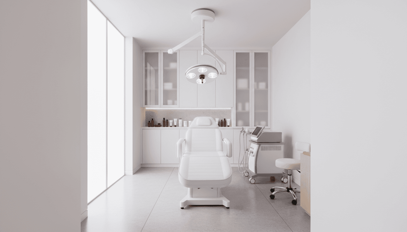 Modern, bright dermatology treatment room with professional lighting, treatment bed, and laser equipment