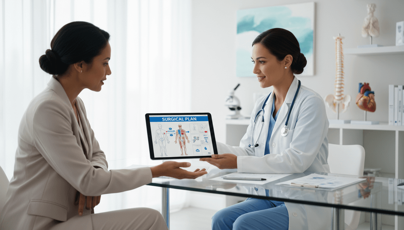 Médica conversando com paciente em consultório moderno e iluminado